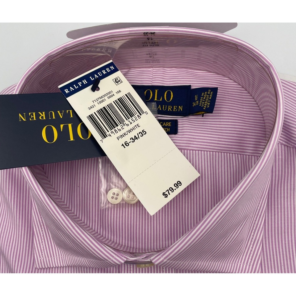Polo Ralph Lauren Mens Slim Fit Stretch Dress Shirt Pink Stripe 16 34/35 NEW